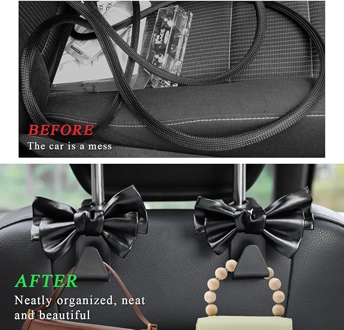 2PCS Purse Holder for Car Hooks, Cute Bow Car Seat Headrest Hooks Handbag Hanger, Bow Knot Auto Back Seat Organizer Storage Hook for Purse Bags Umbrellas, Car Accessories (Black)