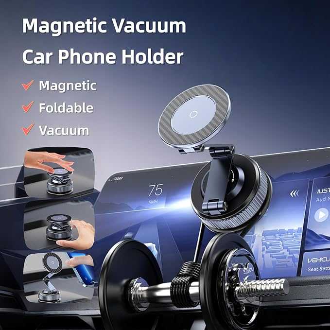 Magnetic Car Phone Holder with Suction Cup 360° Adjustable Foldable Phone Mount Zinc-Alloy Phone Holders for Your Car for Tesla iPhone 17 Pro Max 16 15 14 13 12 Plus