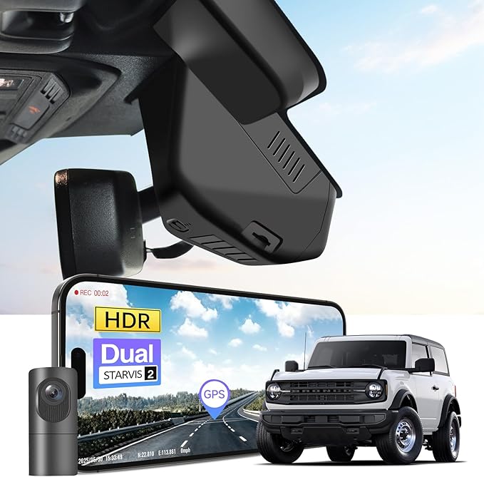 Mangoal 4K Front & 2K Rear 2 Channel HDR Dash Cam, Dual STARVIS 2 IMX678 IMX675, Fit for Ford Bronco 2025 2026(Model B), 5GHz WiFi, GPS, Support 512GB Max(Additional Purchases)