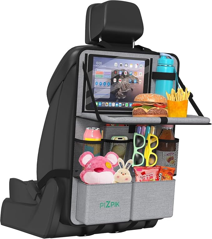 Plzpik Car Backseat Organizer with Tablet Holder,11 Storage Pockets with Foldable Food Tray, Protector Kick Mats for Kids, Travel Accessories Organizer (Gray, 1Pack with Food Tray)
