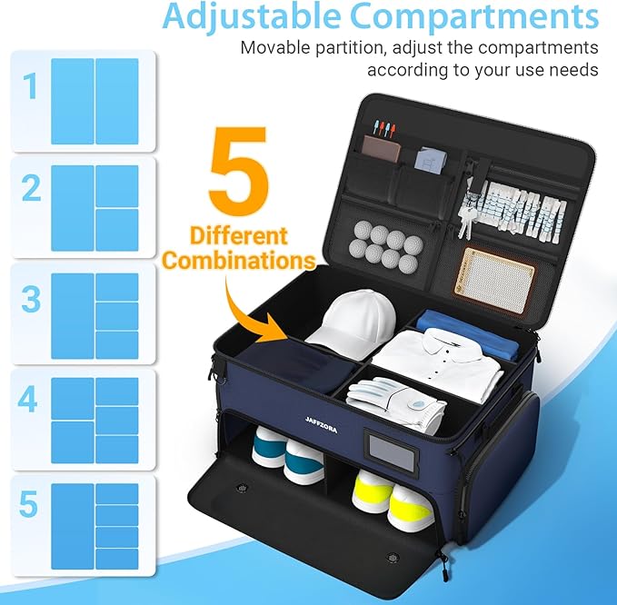 4-Layer Golf Trunk Organizer, Golfer Gifts for Men Women with Separate Ventilated Compartment for 2 Pairs Shoes, Waterproof Car Golf Locker Storage Bag for Golf Gear and Accessories,Blue