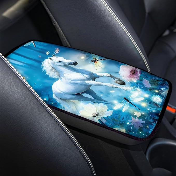 Horse Flowers Universal Armrest Cover Pad, Car Center Console Cushion Pad, Protect from Pet Claws, Sticky Fingers, Auto Decor Accessories Fit for Most Cars, Vehicles, SUVs