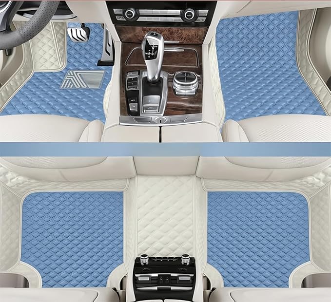 Customize Making Car Floor Mats for 99.99% Sedan SUV Pickup Truck Full Coverage Men Women Cute Leather Protection Pads Non-Slip Floor Liners (White+Sky Blue)