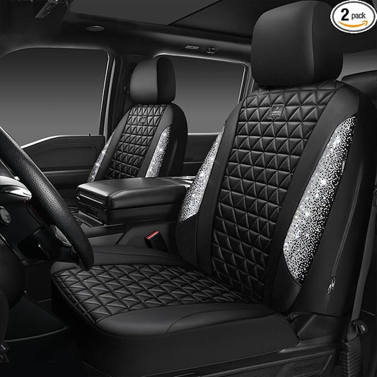 CAR PASS Bling Diamond Leather Car Seat Covers for 2 Front Interior Sets, Waterproof Shining Glitter Sparkly Crystal Universal Armrest Fit Automotive Truck SUV Cute Women Girl, Black Silver Rhinestone