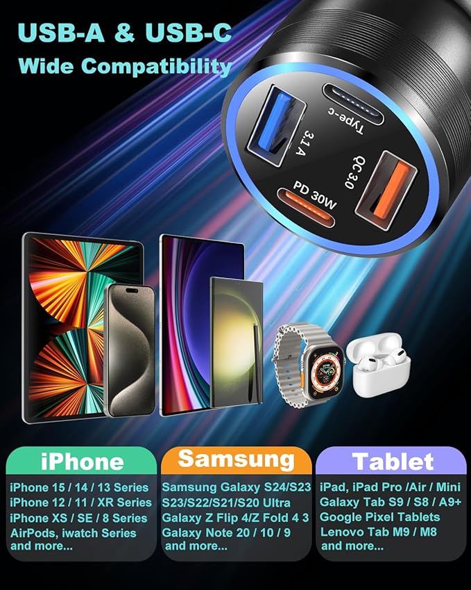 USB C Car Charger 65W, OKRAY 3-Pack 4-Port Type C Fast Car Phone Charger PD30W&QC3.0 Multiport 12v Cigarette Lighter Adapter for iPhone 17 Air 16e 16 15 14 13 12 Pro Max, iPad, Samsung Galaxy S25 S24