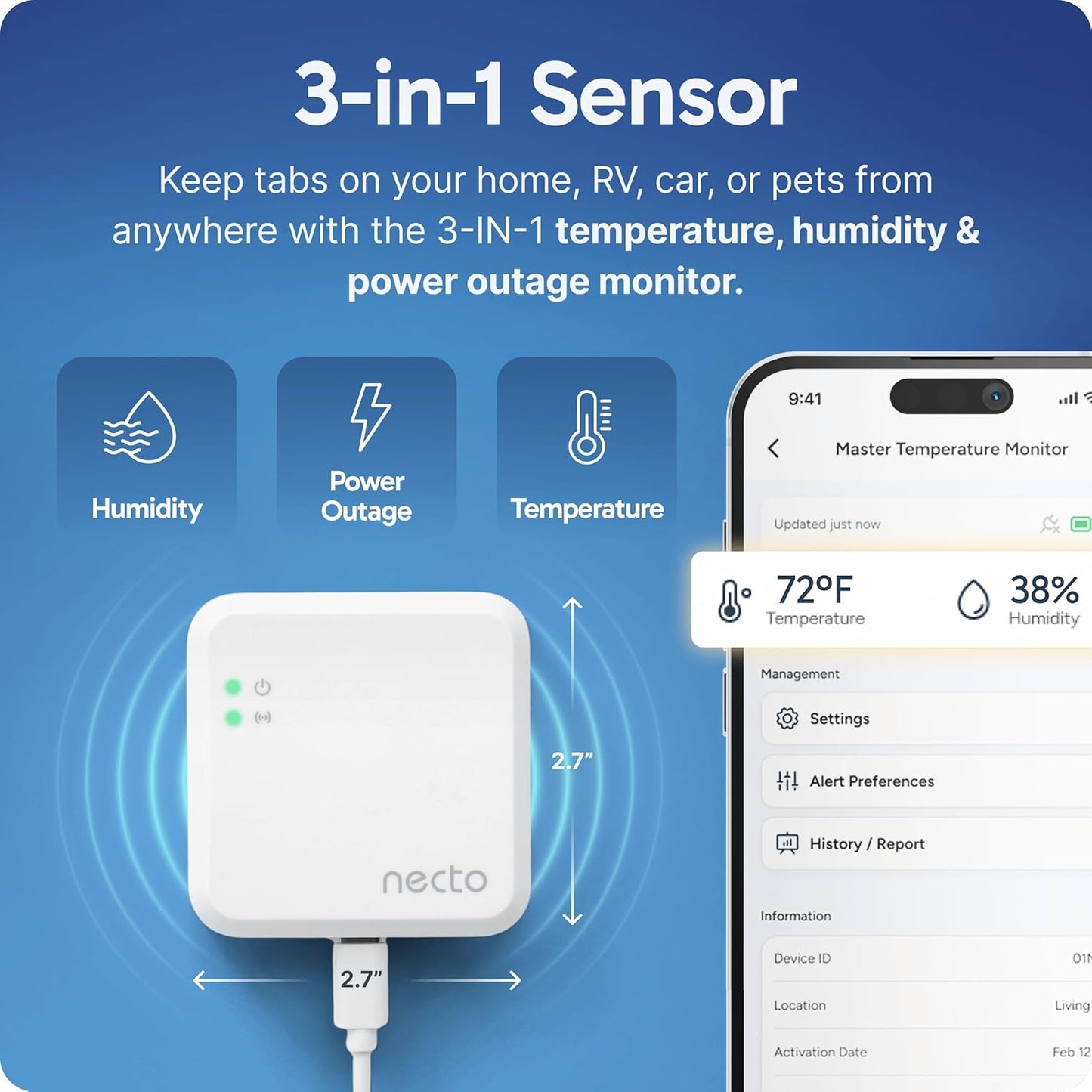 Necto Cellular Temperature Monitor- RV Pet Safety Temp Monitoring System. Remote Power Outage & Humidity Sensor with App Alerts for Car, Camper, Home & Server Room. (2 Year Subscription Included)
