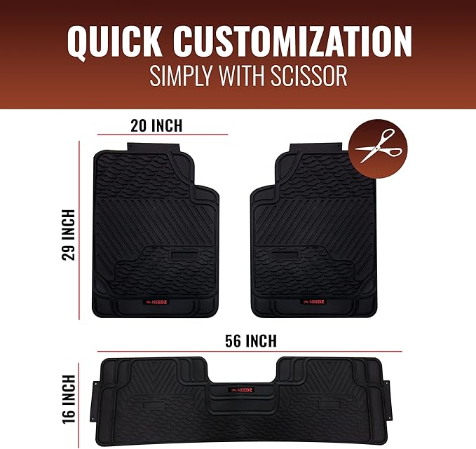 NEEDZ UltraGuard Floor Mats for Cars, Trucks, and SUVs, HydroShield Waterproof & Weather-Resistant, Sturdy Rubber, Customizable Trim-to-Fit Protection, Anti-Slip Floor Liners, Full Set (Black).