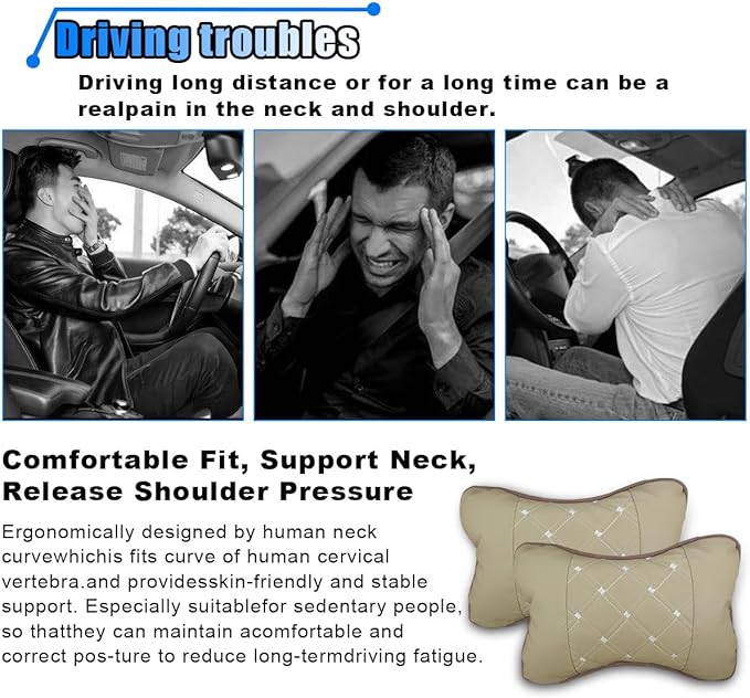 2PCS Car Neck Pillow, Breathable Car Head Neck Rest Cushion, Soft Pillow for Relieving Stiffness, Comfort Car Seat Neck Support Pillow (Beige)