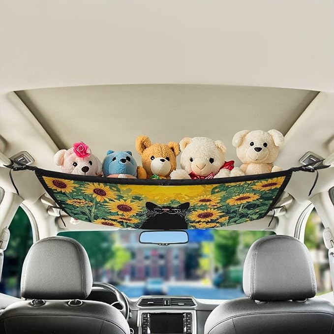 Generic Cat Sunflower Car Storage Mesh Organizer Ceiling Cargo Net Double-Layer Adjustable Zipper Truck SUVs Travel Road Trip Essentials Interior Organizer