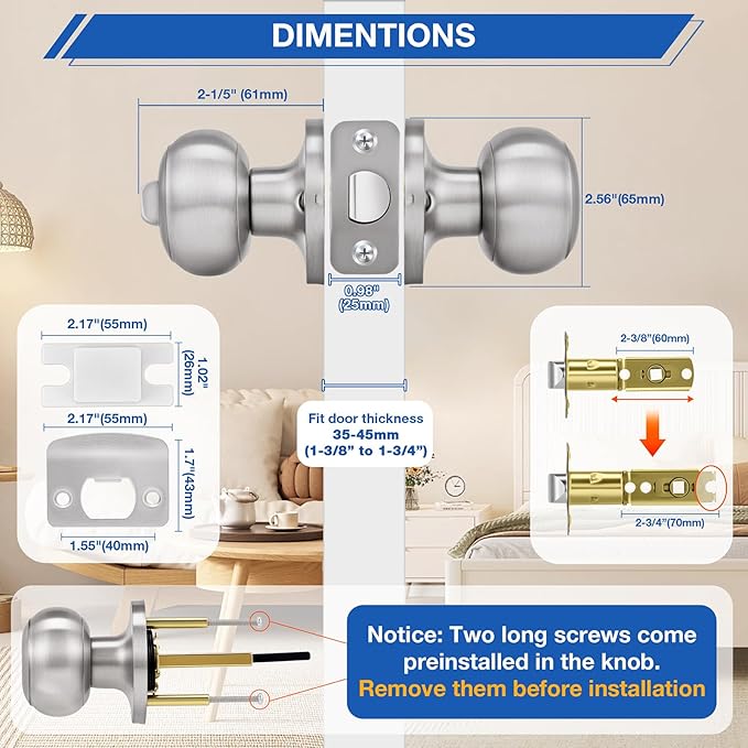 Plustool 8 Pack Brushed Nickel Door Knobs,Privacy Door Knob with Lock, Interior Doorknobs Silver, Keyless Door Locks Set for Bedrooms Bathrooms, Reversible for Left/Right Door Handle