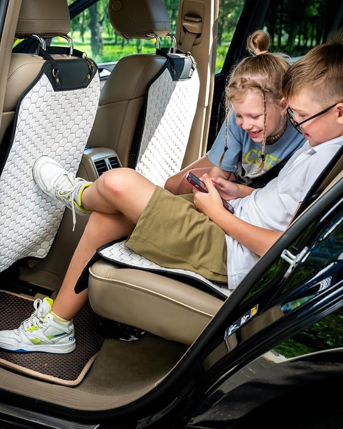Owleys Set Seat Back Organizer & Car Seat Protector Hexy Waterproof & Non-Slip Protector for Child Car Cushion for Leather and Fabric Seats (White 2 pcs)