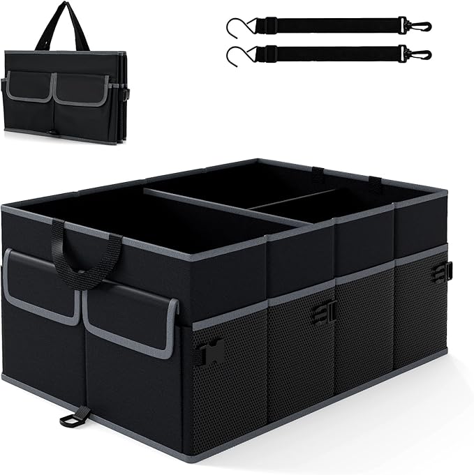 Goplus Collapsible Trunk Organizer, 13 Gallon Foldable Car Storage Organizer with Extenable Compartments, Pockets, Securing Straps, for SUV Van Sedan Truck, 22" x 16" x 10"