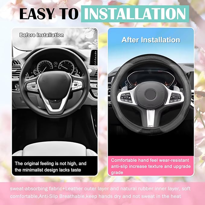 SuperKaKa Gray and Black Car Steering Wheel Cover 2025, Universal Auto PU Cute Breathable Slip-Proof Comfort Imitation Leather Protector Cars Interior Accessories for Women Men Fit Most Vehicle