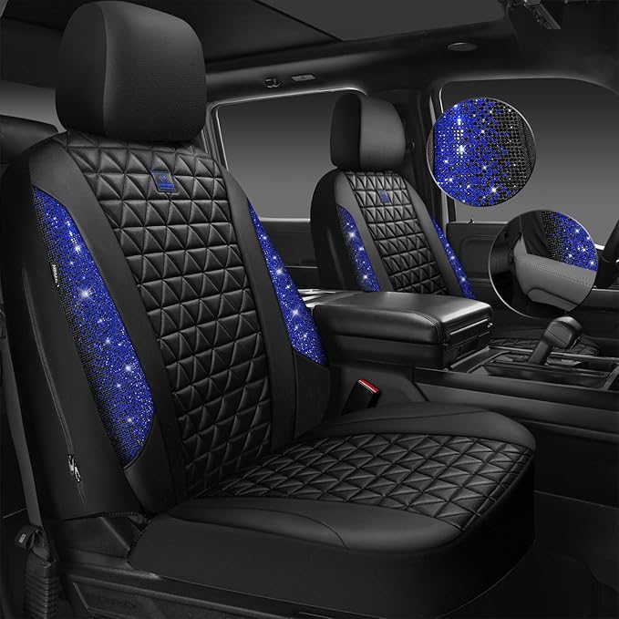 CAR PASS Bling Diamond Black Leather Car Seat Covers for 2 Front Interior Sets, Waterproof Shining Glitter Sparkly Crystal Universal Armrest Fit Automotive Truck SUV Cute Women Girl, Blue Rhinestone