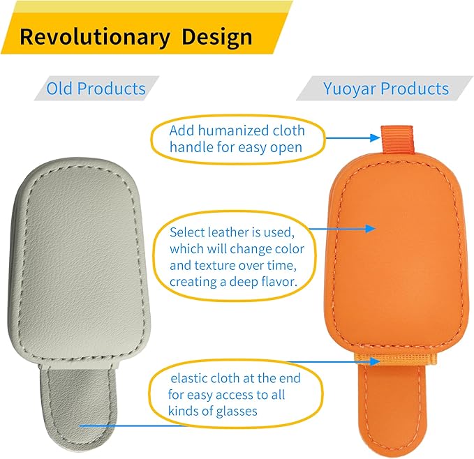 Yuoyar Sunglass Holder for Car, Magnetic Leather Sunglasses Holder and Ticket Card Clip, Car Visor Accessories, 2 Packs (Orange)