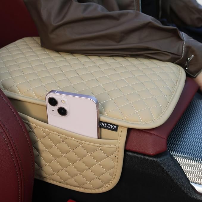 KAELTHAS Car Center Console Cushion Armrest Cover with 2 Storage Bags (Beige,Mid-Size)