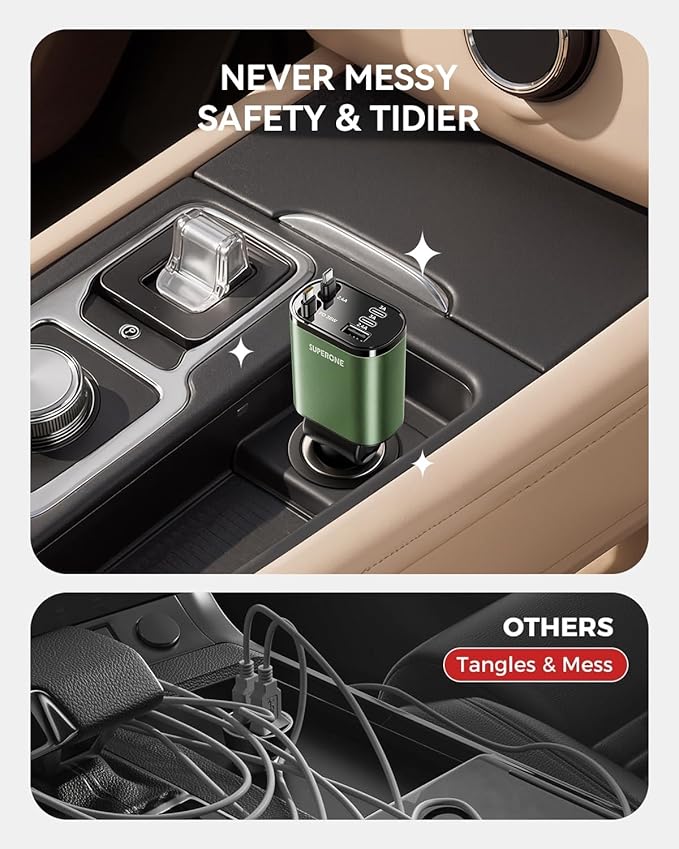 SUPERONE 5 in 1 Retractable Car Charger with Dual Type C Cables, 90W Fast Charging USB C Car Accessories Adapter for iPhone 17/16/15/14/13/12, iPad, Galaxy, Pixel
