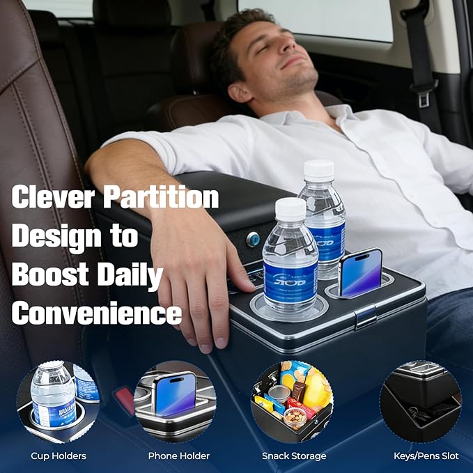 Center Console Organizer for Minivans, SUVs & Middle Van Seats - Floor-Mounted Lockable Storage Box with Dual Cup Holders & 7-Color Ambient Light, Ideal for Vehicle Interior