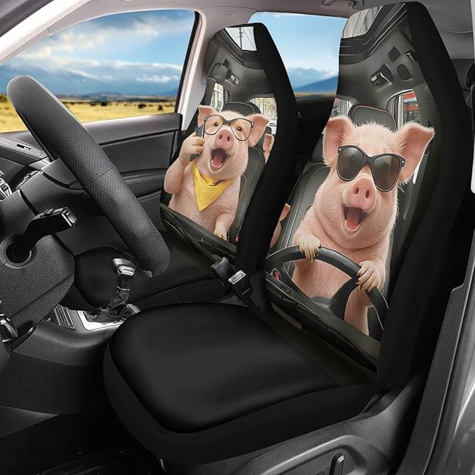 Pig Car Seat Covers Nonslip Car Seat Covers for Front Seats Elastic Polyester Funny Auto Interior Accessories All-Season Protection Suitable for Most Cars,SUV,Sedan