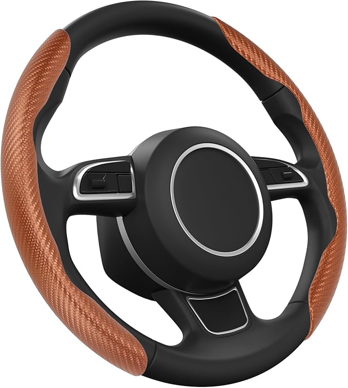 GSPSCN Universal Car Carbon Fiber Steering Wheel Cover Anti-Skid,Butterfly Steering Wheel Cover,Non-Slip Segmented Steering Wheel Protector,Fit for 99% Cars,Car Interior Accessories (Brown)
