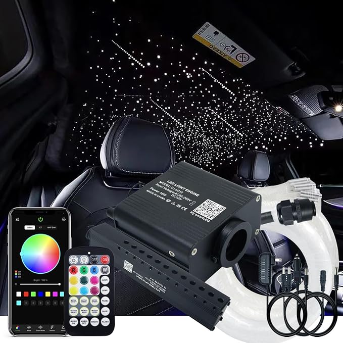 AKEPO 16W RGBW APP Small Size Twinkle Meteor Fiber Optic Lights, Music Activated 650pcs 0.03in 13.1ft/4m Optical Fiber Star Ceiling Light Kit for Car Headliner Star/Home