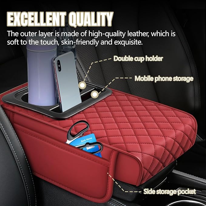Hovom Car Center Console Cover, 13.39"×7.87"×2.76" Leather Armrest Cover for Cars, Memory Foam Armrest Pillow with Pocket, Cup Holder & Phone Slot, Universal Vehicle Arm Rest Cushion Pad (Red)