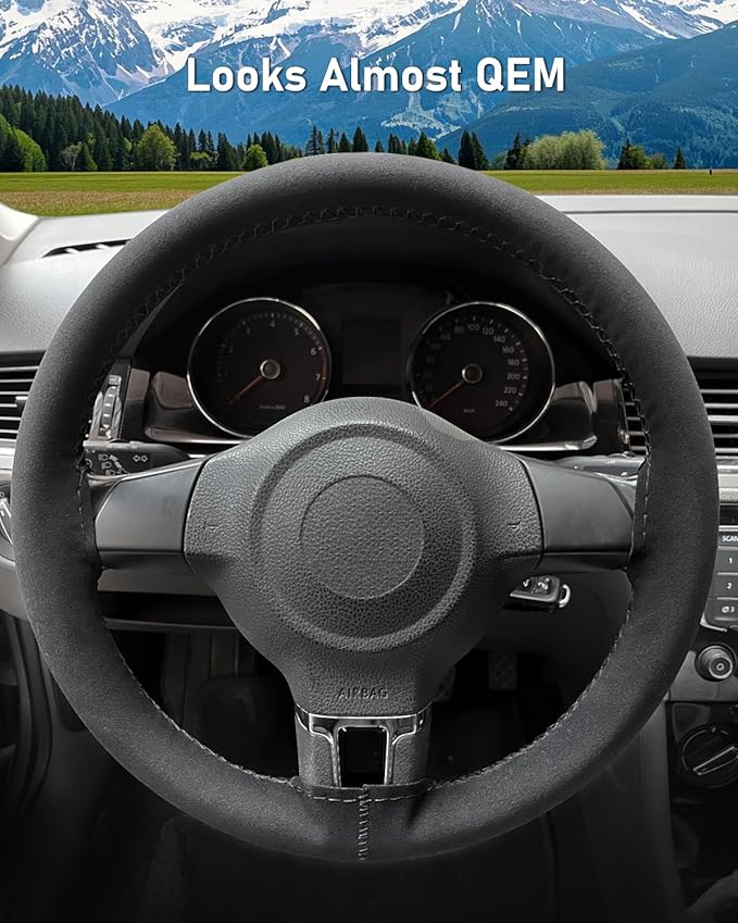 BELINOUS Suede Leather Steering Wheel Cover, DIY Stitch-On Steering Wheel Wrap with Needle & Thread, Non-Slip & Sweat-Absorbing, Universal Fit for 13.75-16 Inch (Size L6, Black)