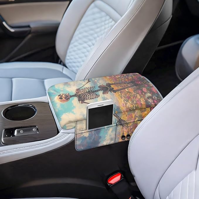 Armrest Cover Pad for Car, Car Center Console Pad with 4 Storage Bag, Skull Floral Universal Car Decor Accessories Fit for Most Cars, Vehicles, SUVs