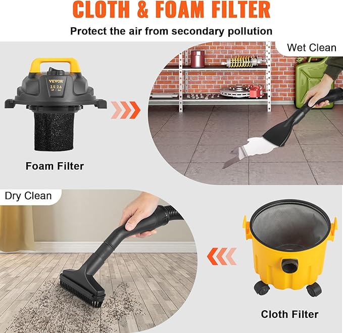 VEVOR 2.6 Gallon 2.5 Peak HP Wet and Dry Shop Vac， Portable Shop Vacuum and Blower 3-in-1 with Filter, Hose and Attachments for Home and Car Cleaning Black/Yellow