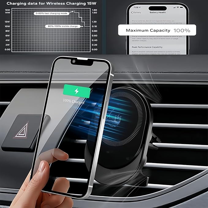 15W Magnetic Wireless Car Charger, Wireless Car Charger,Air Vent Car Phone Mount fit, Fast Charging Magnetic Phone Holder Mount for 16 Pro Plus Max 15 14 13 12 mini, Galaxy S23 S22 S21+