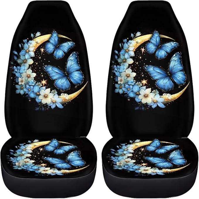 BIGCARJOB Moon Butterfly Car Seat Covers Set Universal Car Interior Seat Rugs 2 Pcs Auto Front Seat Protector Set for Women Butterfly Car Accessories Set