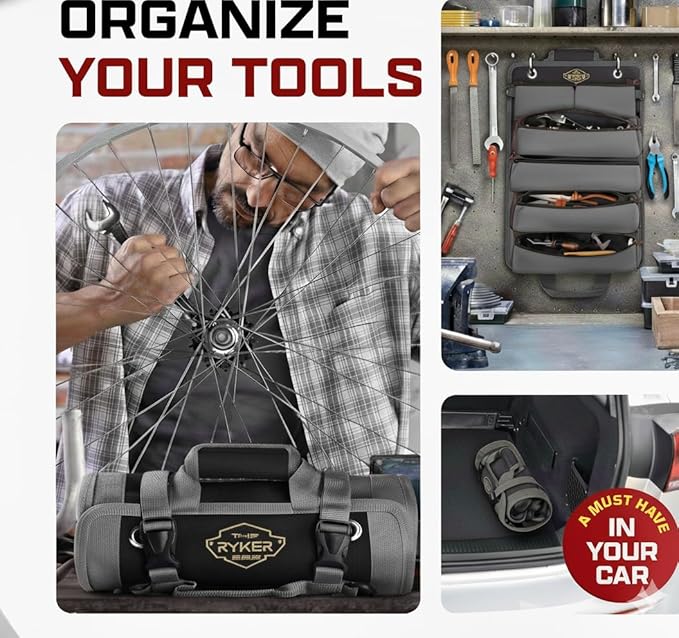 The Ryker Roll Up Tool Bag Organizer Gifts for Dad. Heavy Duty Motorcycle Tool Roll Bag Organizer. Portable Rollup Toolbag w/Detachable Pouches - Tools Bags Mens gifts for him/Mechanic (Black)