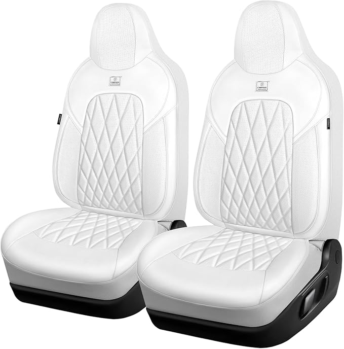 CAR PASS Nappa Leather High Back Front Seat Covers, Tesla Model 3 Model Y Breathable Faux Leather Front Bucket Seat Covers, Anti-Slip Airbag Compatible Universal Fit for Sedan SUV Van Truck, White