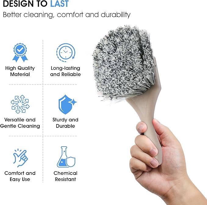 Nanoskin Professional 8.5-Inch Gentle Surface Cleaning Brush with Durable Salt & Pepper Polystyrene Bristles, Compact Short Handle, Resistant to Acids/Detergents, Perfect for Car Detailing & Home Use