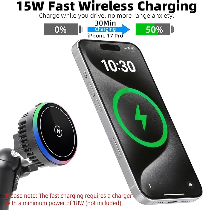 Magnetic Wireless Charging Phone Mount Holder for Ford Bronco 2021 2022 2023 2024 2025 2/4 Door, 15W Fast Charger with TEC & Fan Cooling for Magsafe iPhone 17/16/15/14/13/12 Series, 7.3" Aluminum Arm
