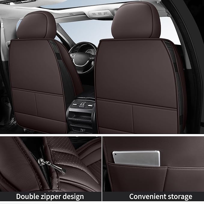 Nappa Leather Car Seat Covers Full Set, Brown Car seat Protector 5 Seats, Waterproof Car Seat Cushion, Universal Automotive Seat Covers Fit for SUV Truck Pick-up Sedan, Front and Rear