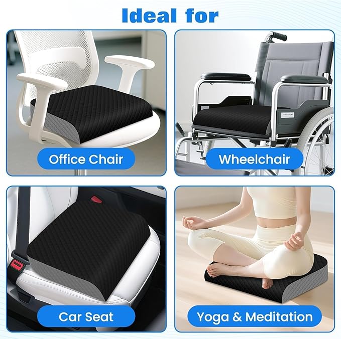Seat Cushion for Office Chair, Memory Foam Chair Cushions, Car Seat Cushion for Long Sitting, Desk Chair Cushion for Pressure Relief, Non-Slip Bottom, Washable Cover, Large, Black