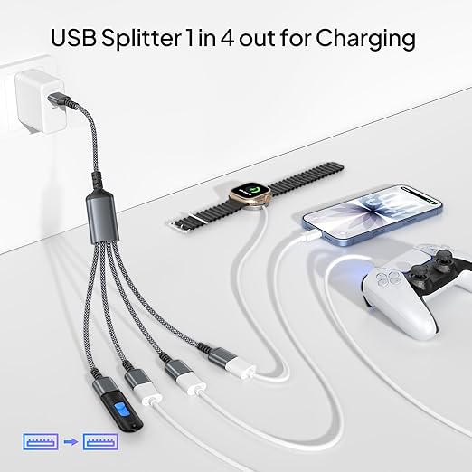 Elebase USB Splitter Y Cable 3.3FT,USB Charger Splitter 1 in 4 Out,Multi Port USBA Extension Split,Multiport 2/3/4 Out Data Charging Split Adapter for PC,TV,MacBook,Laptop