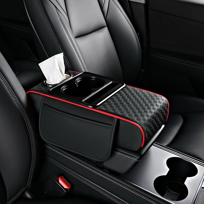 Center Console Cover,Car Armrest Cushion Multifunctional with 2 Storage Bags Cup Holder,Phone Slot,Tissue Box Slot for Most Cars Accessories Interior Organizers-Black+Red 13.8x7.9 in
