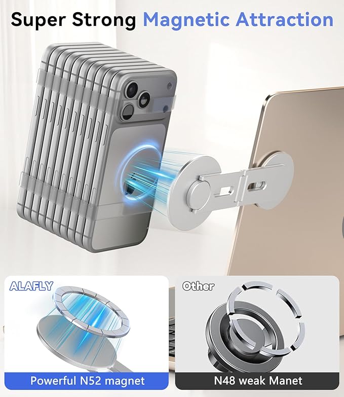 Magnetic Laptop Phone Holder, Foldable Hidden Mount Compatible with iPhone 17/16/15/14/13 & All Phone, 360° Rotating Monitor Side Phone Stand for Laptop, Tesla Model 3/Y, Desktop, Silver