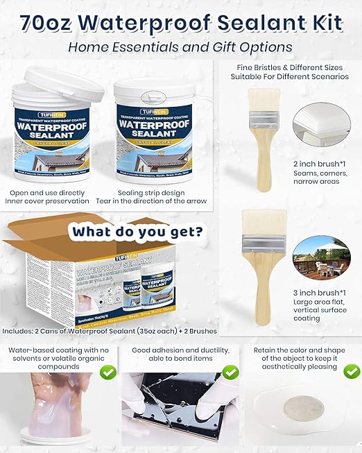 Waterproof Sealant 70oz Clear, TUFINEIN Transparent Waterproof Coating Water-Based Invisible Agent Roofs, Walls, Garden, Terraces Indoor & Outdoor