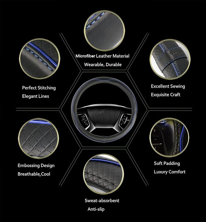 Microfiber Leather Car Medium Steering Wheel Cover,Universal Car Wheel Cover,Breathable Wheel Cover,Anti-Slip Full Surround,Sports Style Steering Wheel Covers (Black&Blue Line)