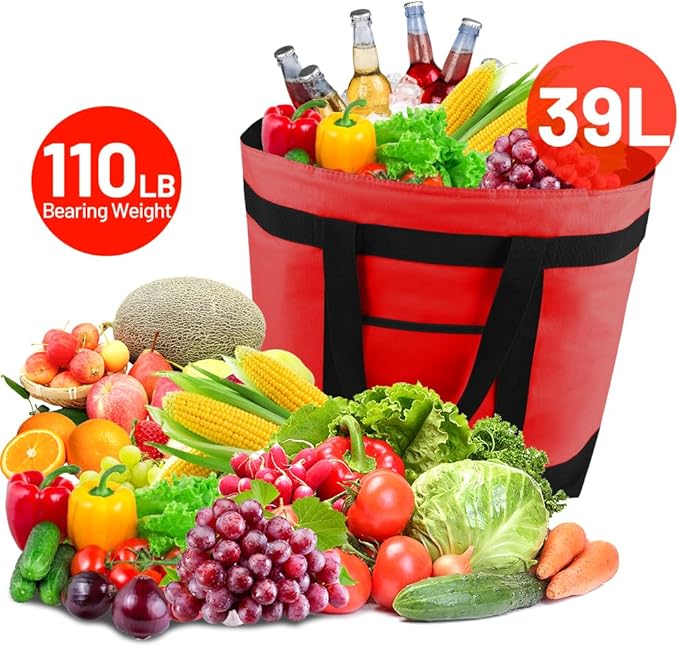 mosago Insulated Grocery Tote Bags, Large Reusable Cooler Bags with Zipper, Leakproof Thermal Shopping Bags for Food Delivery, Beach, Travel, Uber Eats & Picnic, Collapsible Personalized, Red