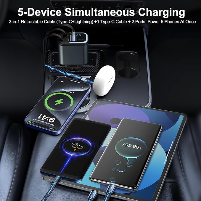 5-in-1 120W 30-Minutes Fast Flash Charging Retractable Car Charger, Wireless Bluetooth FM Transmitter, Type-C+USB-A Car Charger Adapter, Compatible with iPhone 17/16/15/14/13 Pro Max & Android Devices