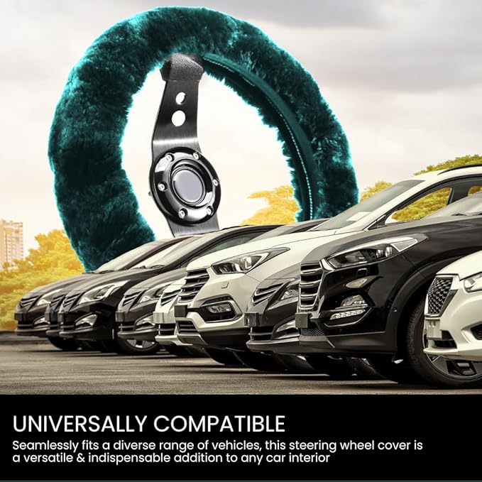 Andalus Brands Luxury Fluffy Car Steering Wheel Covers – Genuine Merino Sheepskin, Soft Fuzzy Car Steering Wheel Cover for Women, Universal 14.5-15" Size, Plush Fur Cute Auto Accessories, Alpine Green