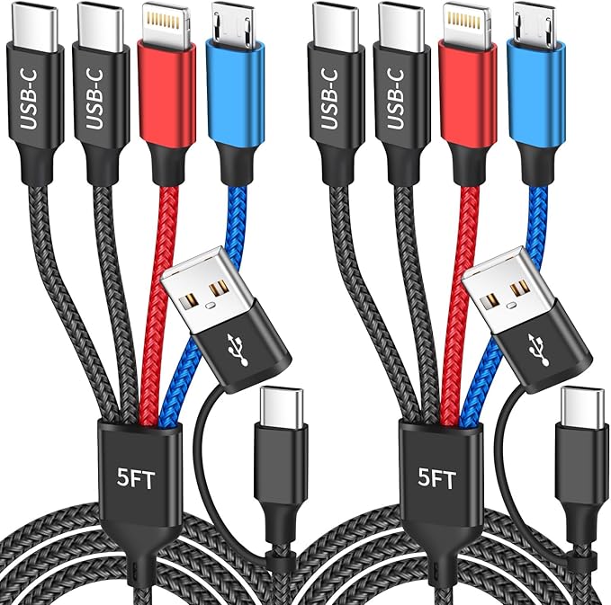 Dual Type-C Ports 4 in 2 Multi Charging Cable, Travel Cruise Essentials USBA/C Charging Cords for Multiple Devices, Phone Charger Cord for iPhone17-12/Androids/Pad and More, Car Charger(2Pcs, 5FT)
