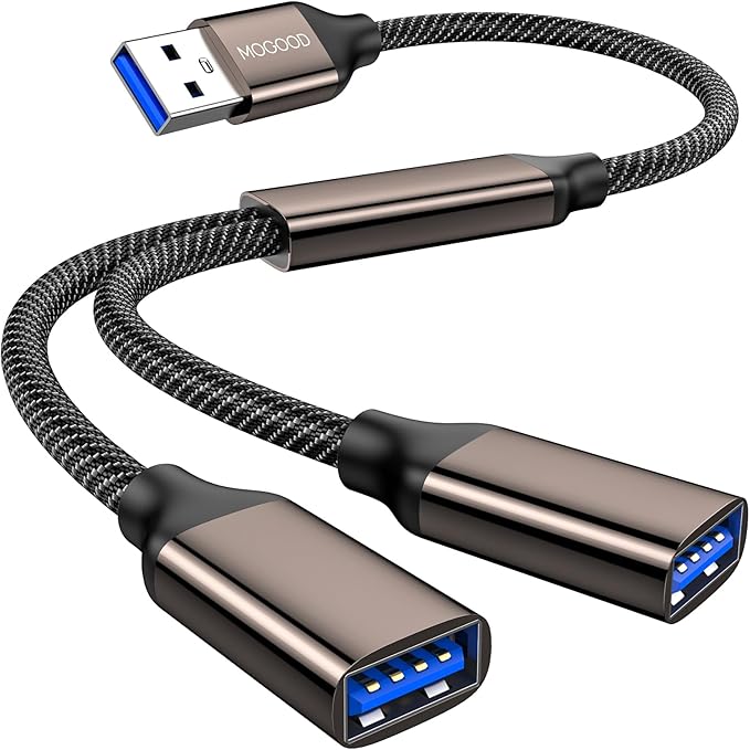 MOGOOD USB 3.0 Splitter 1 in 2 Out, 5Gbps Y Cable, Aluminum Shell & Braided Nylon, Durable USB Port Expander Hub for Laptop, Mac, PC, TV, PS5, Printer – Not for CarPlay/Android Auto