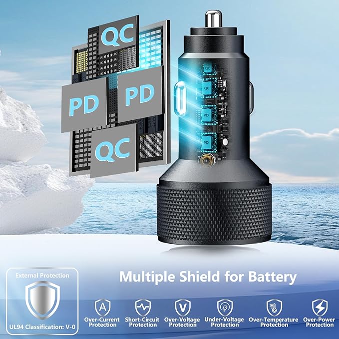 USB C Car Charger, Stuffcool 90W Dual USB-C & USB-A Car Power Adapter 4-Port PD/QC Type C Fast Charge Cigarette Lighter Carplay Charger for iPhone 17 17 Pro Max 16 15 14 13 12 11/Galaxy S26 S25/Pixel