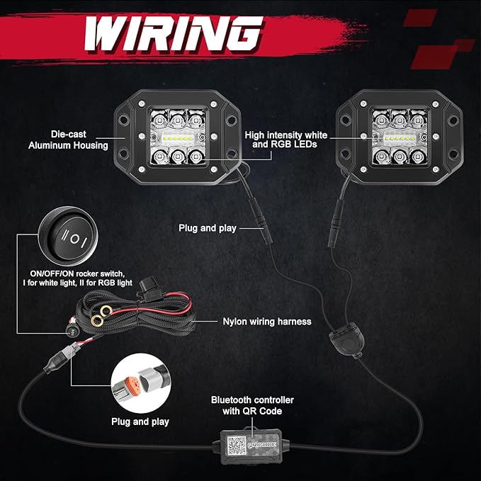 RGBW Flush Mount LED Lights, OFFROADTOWN 5inch 60W RGBW LED Driving Work Flush Fog Off Road Lights for Truck Pickup UTV ATV SUV Boat 4x4 Car