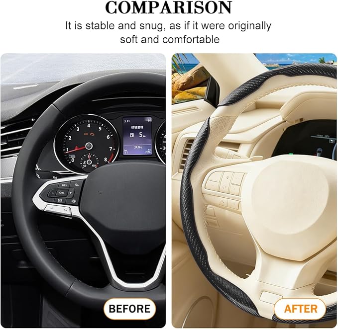 3PCS Carbon Fiber Car Steering Wheel Cover, Leather Segmented Anti-Skid Steering Wheel Protector, Snap on Automotive Interior Protection Accessories, Universal for Vehicles (Black)